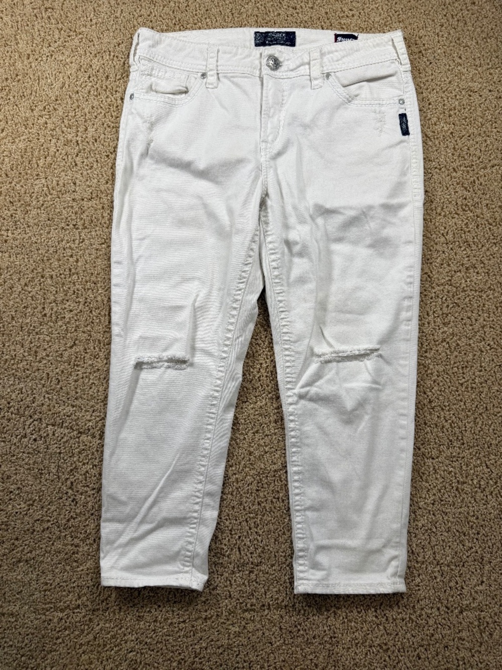 Silver Jeans Suki High Capri White Distressed Stretch Crop Jeans W33